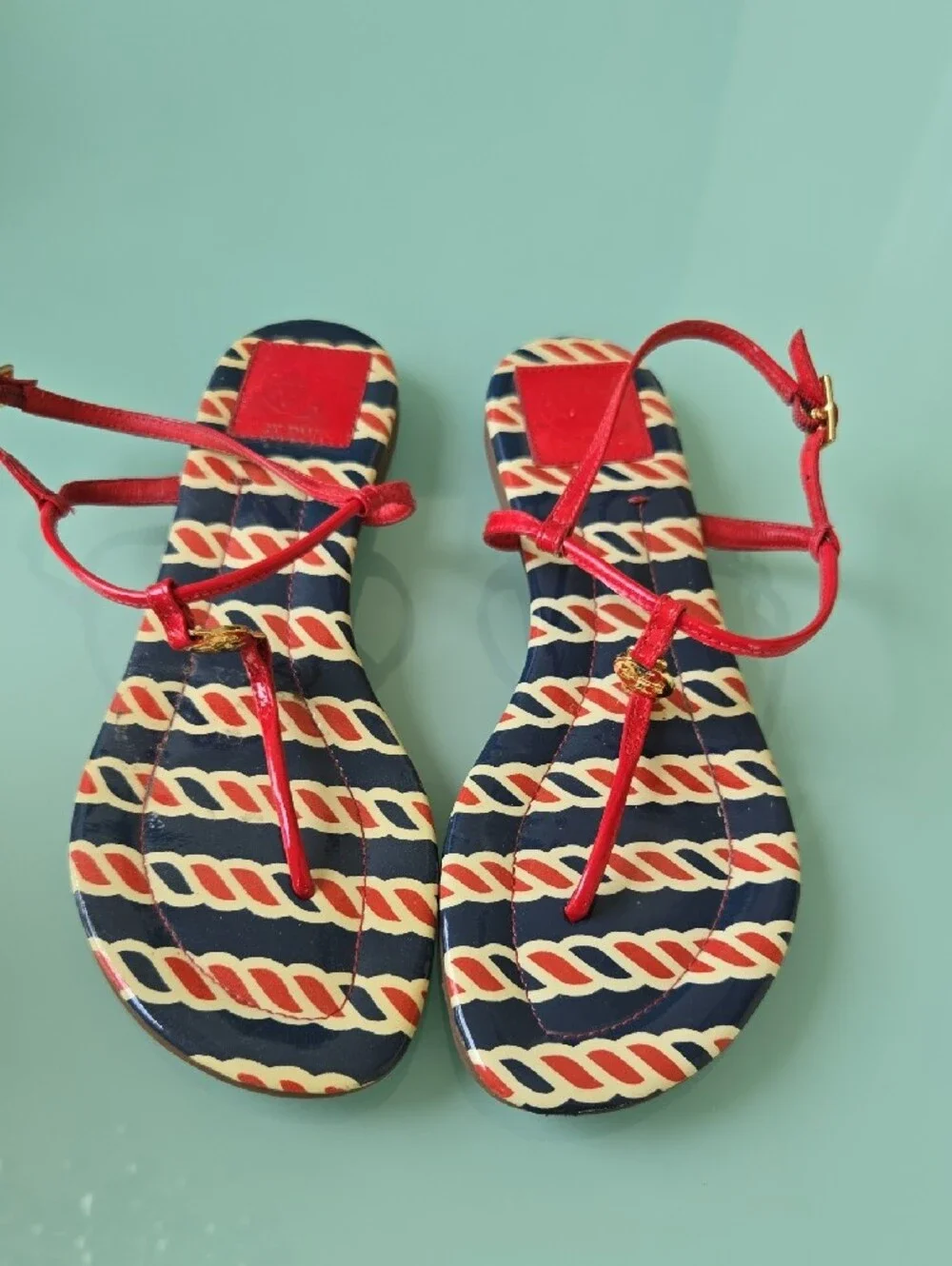 Tory Burch Red Patent T-Strap Sandals with Navy & Cream Rope Print